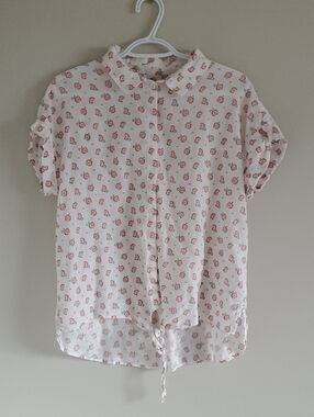 Jachs Girlfriend White Linen Blend Button-UpBlouse with Pink Floral Motif Sz L